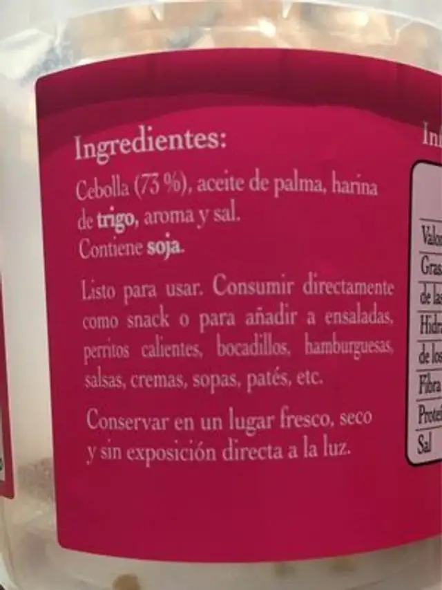 Cebolla Frita sabor bacon ingredients label