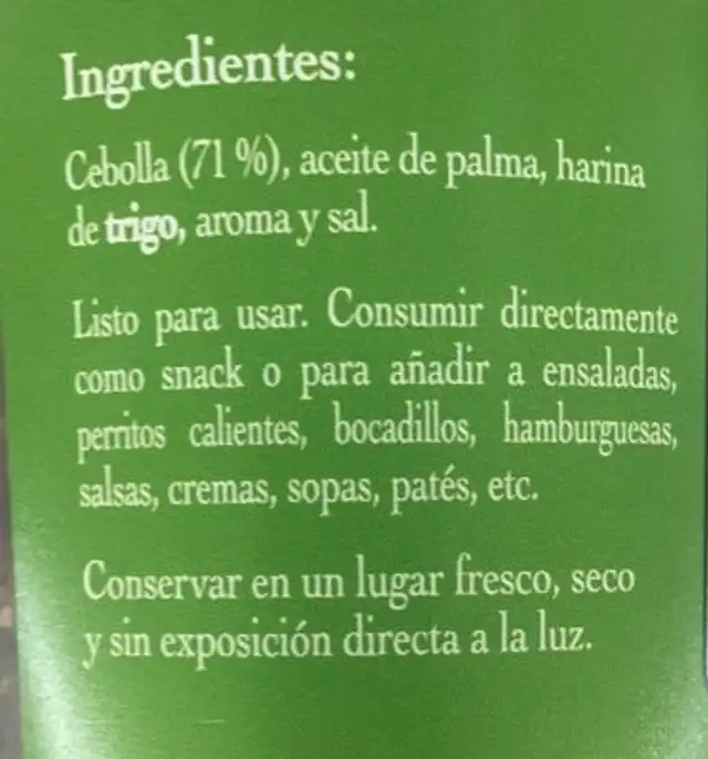 Oignons fris ingredients label