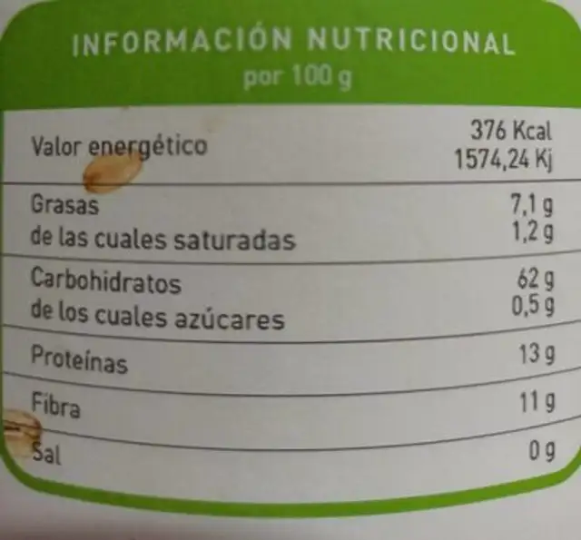 Avena Shake nutrition facts table