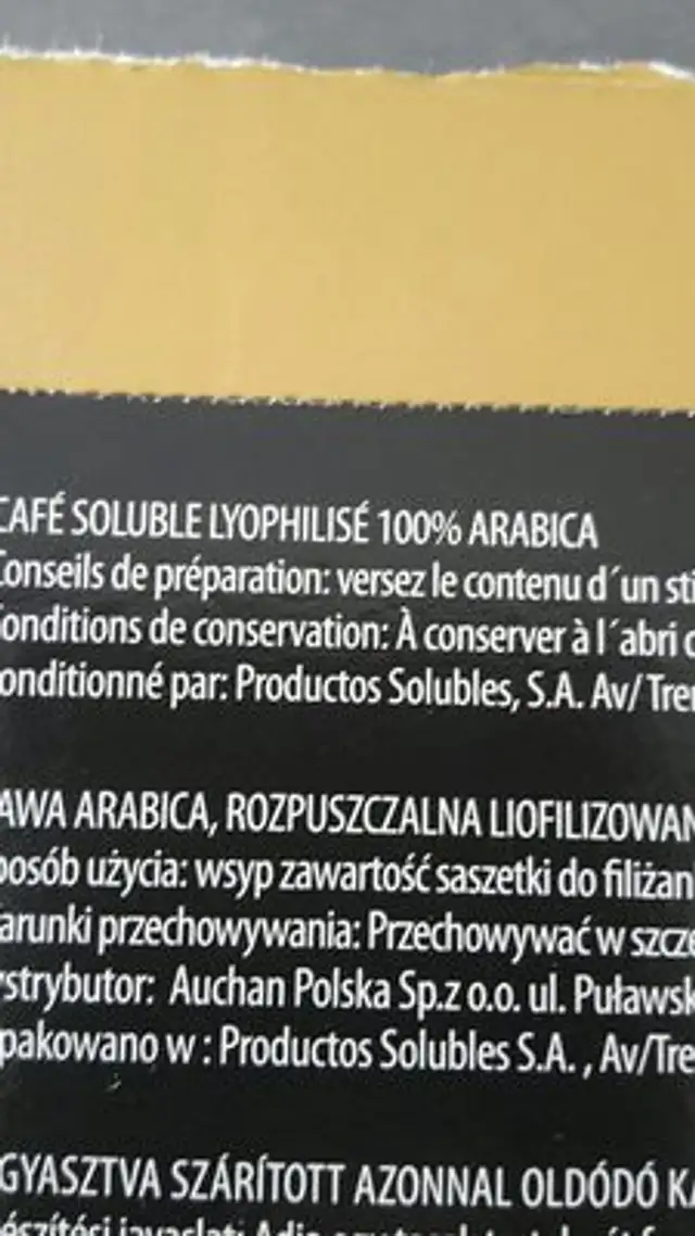 Coffee stick gold ingredients label