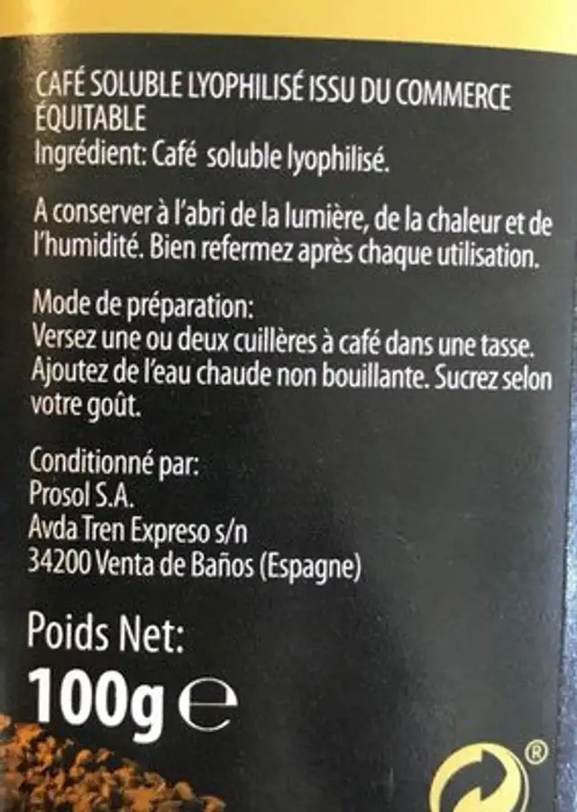 Café qualité filtre 100% Arabica ingredients label