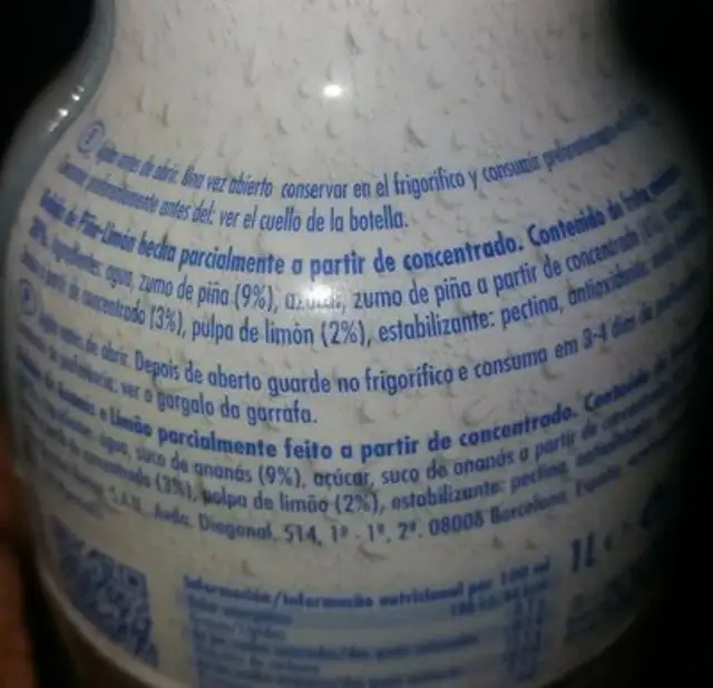 Fresh mix limon and pina ingredients label