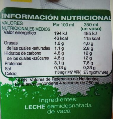 Leche semidesnatada nutrition facts table