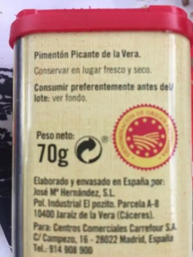 Pimentón pican la vera ingredients label