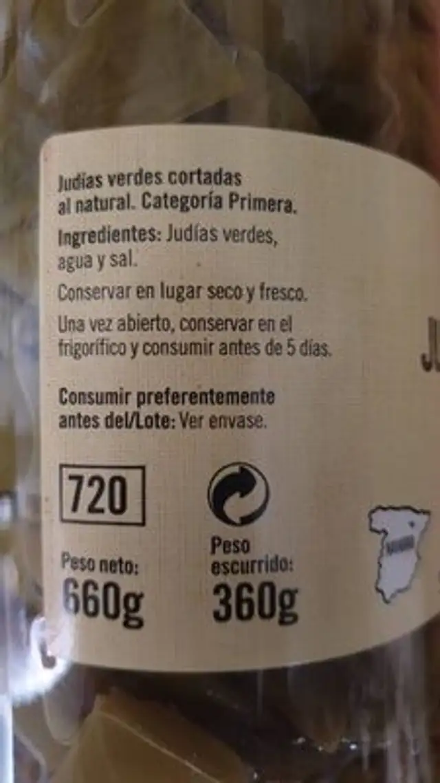 Judias verdes ingredients label