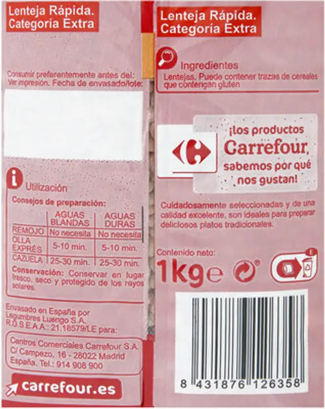 Lenteja rapida nutrition facts table