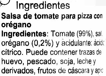 Salsa Pizza ingredients label