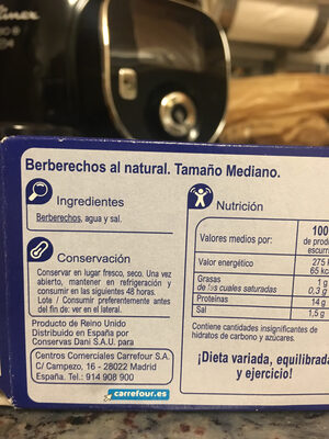 Berberechos al natural 35/45 ingredients label