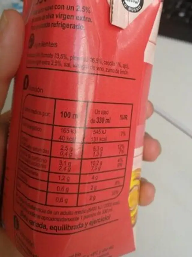 Gazpacho Suave nutrition facts table