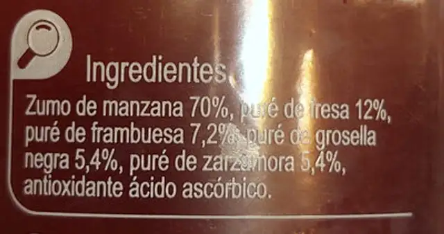 Apple and Forest Berries Juice ingredients label