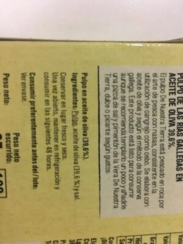 Pulpo en aceite de oliva ingredients label
