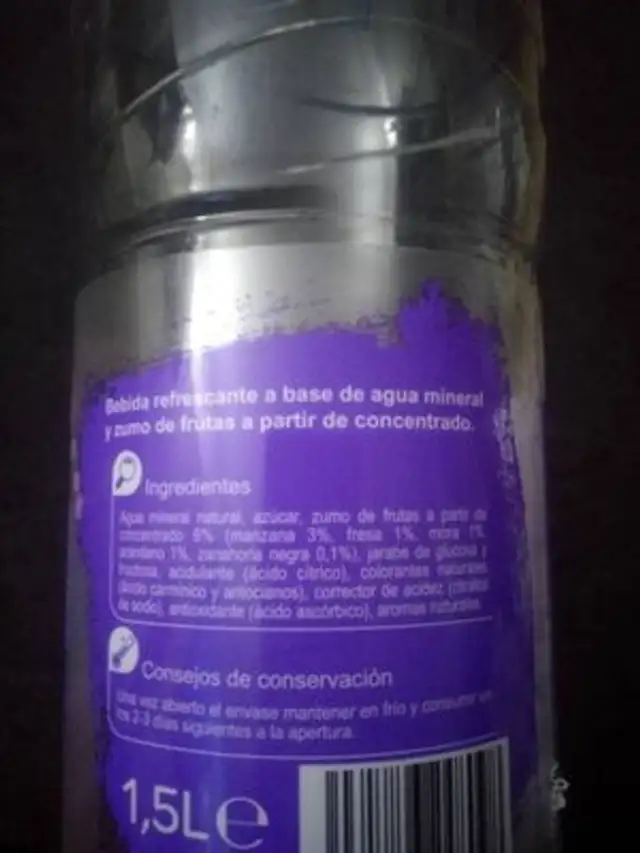 Agua frutos rojos ingredients label