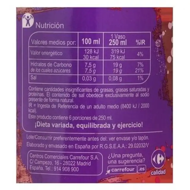 Agua frutos rojos nutrition facts table