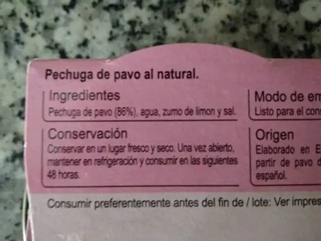 Pechuga pavo al natural ingredients label