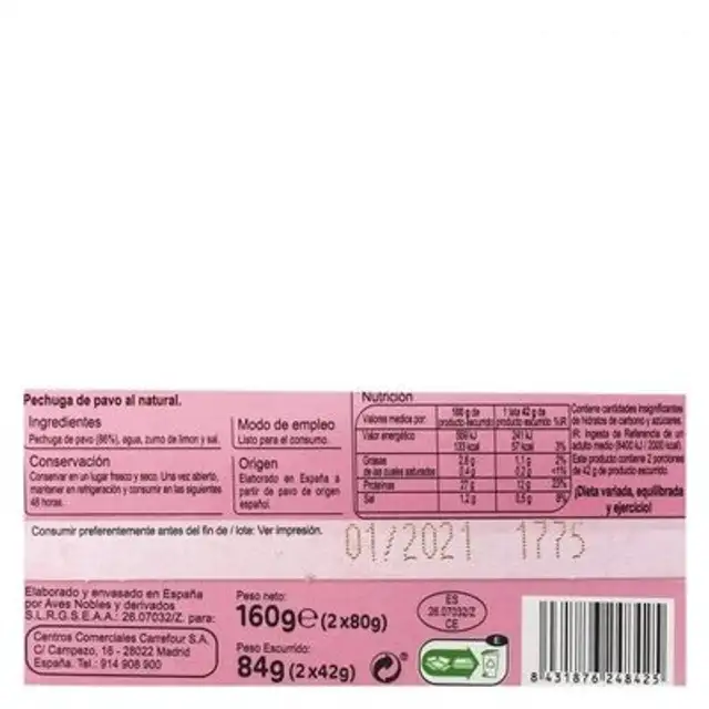 Pechuga pavo al natural nutrition facts table