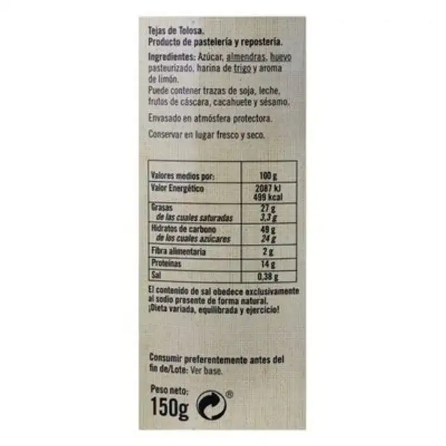 Tejas de Tolosa nutrition facts table