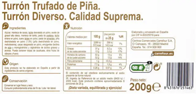 Turrón trufado de piña nutrition facts table