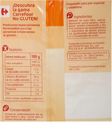 Preparado para pan y pastelería sin gluten nutrition facts table