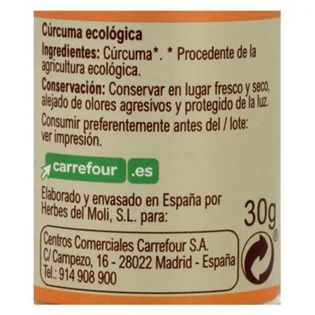 Cúrcuma nutrition facts table