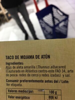 Taco de mojama de atún ingredients label