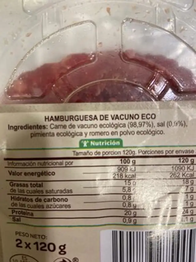 Hamburguesas de Vacuno ECO ingredients label