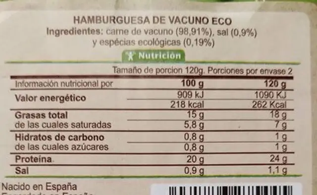 Hamburguesas de Vacuno ECO nutrition facts table