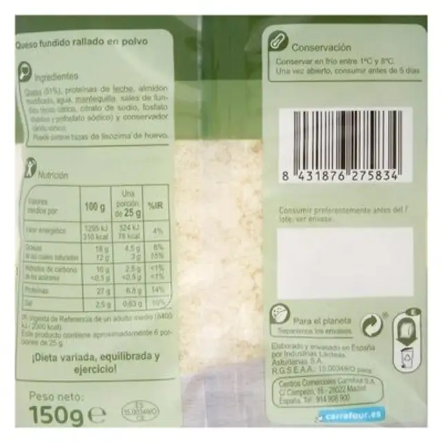 Queso polvo especial pasta nutrition facts table