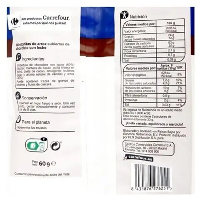 Mini tortitas arroz cubiertas choco c/leche nutrition facts table