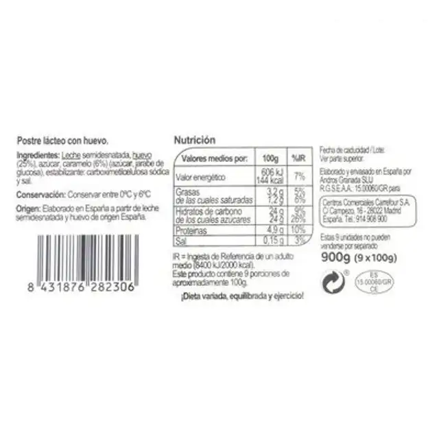 Flan de huevo familiar nutrition facts table