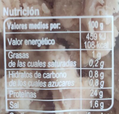 Tiras De Pollo Pechuga De Pollo Al Natural nutrition facts table