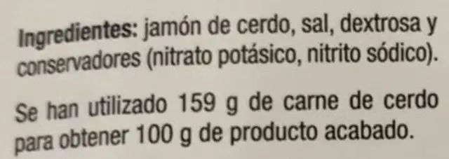 Jamón Serrano Gran Reserva ingredients label
