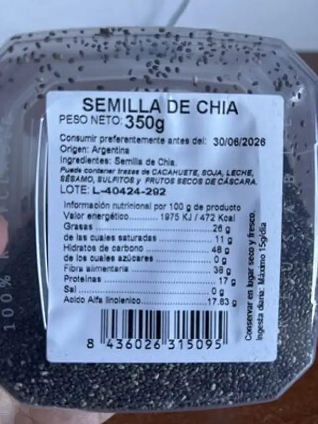 Semilla de chía bio ingredients label