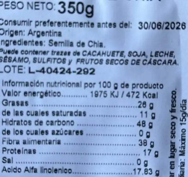 Semilla de chía bio nutrition facts table