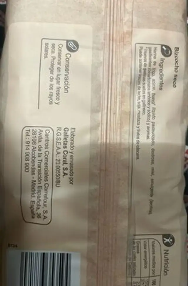 Bizcocho ingredients label