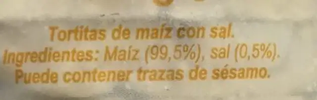 Tortitas maiz ingredients label