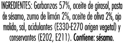 Hummus Clásico ingredients label