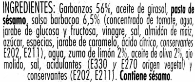 Hummus Sabor a barbacoa ingredients label