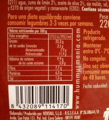 Hummus sabor barbacoa nutrition facts table