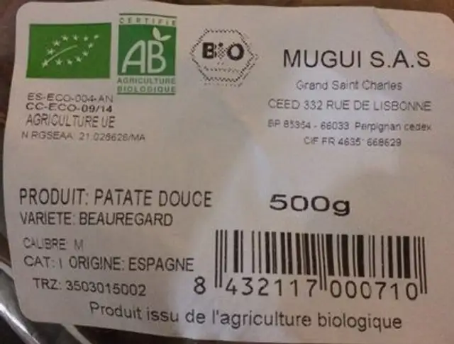 Patates douces ingredients label