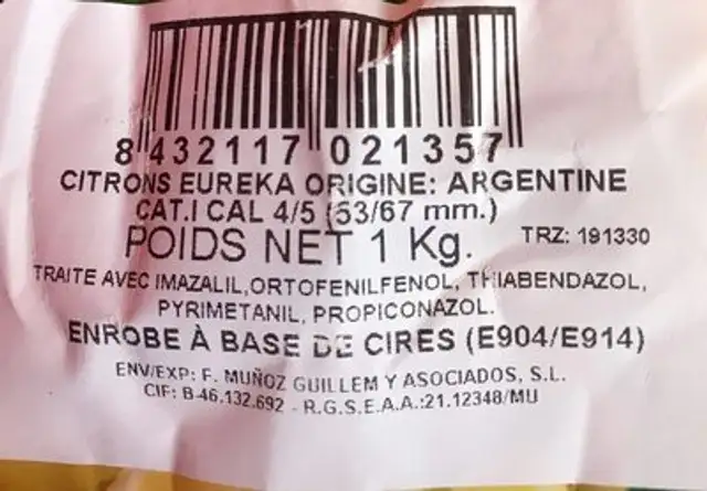 Citrons ingredients label