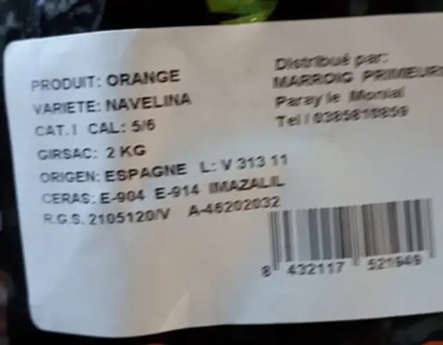 Orange à dessert ingredients label