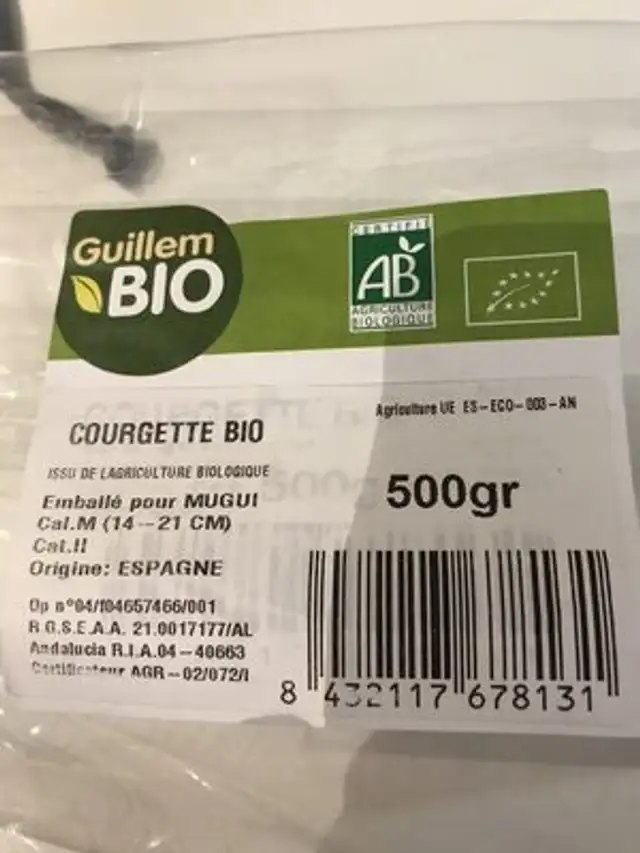 Courgette bio ingredients label