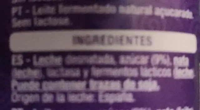 Yogur sin lactosa natural azucarado ingredients label