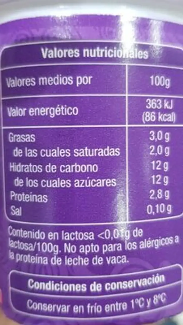 Yogur sin lactosa natural azucarado nutrition facts table