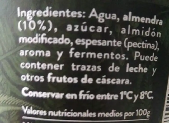 Begetal de Almendra Natural ingredients label