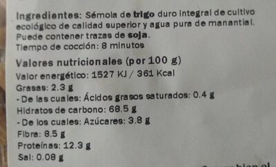 Macarrones integrales nutrition facts table