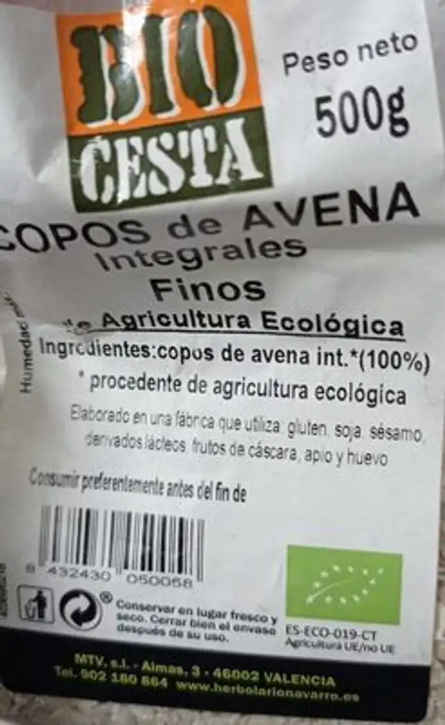 Copos de avena nutrition facts table