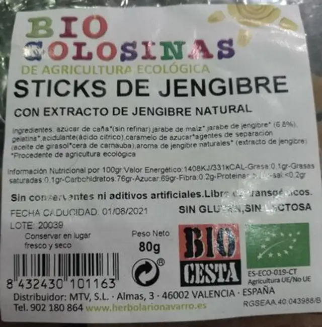 Sticks de jengibre front packaging