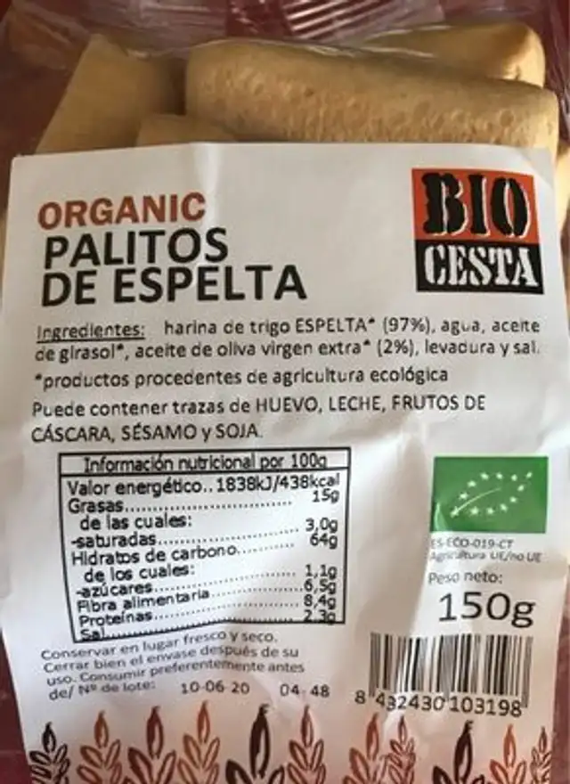 Palitos de espelta front packaging