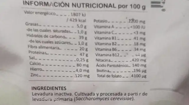 Levadura nutricional copos ecológica nutrition facts table